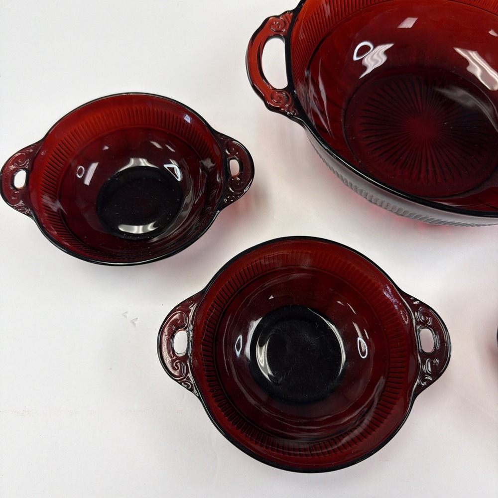 Anchor hocking 5 RUBY RED DEPRESSION GLASS Berry BOWLS W/HANDLES 1 Salad Bowl - Picture 2 of 12